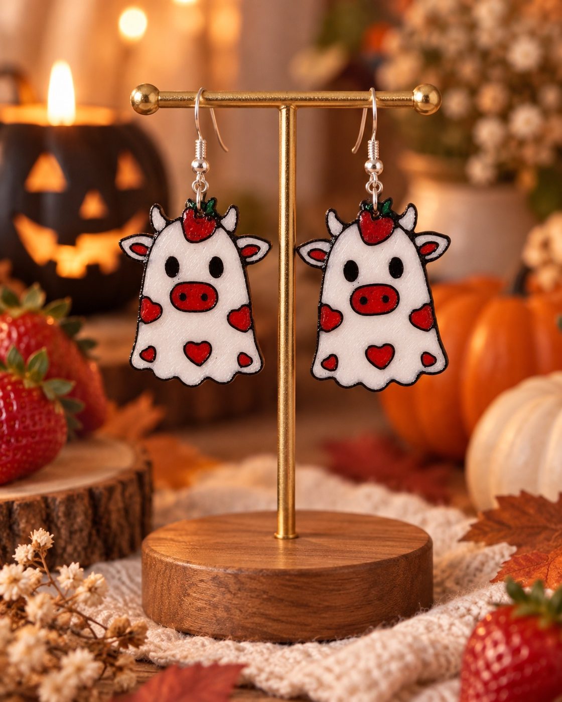 3D printed strawberry cow ghost earrings by Legocita Makes